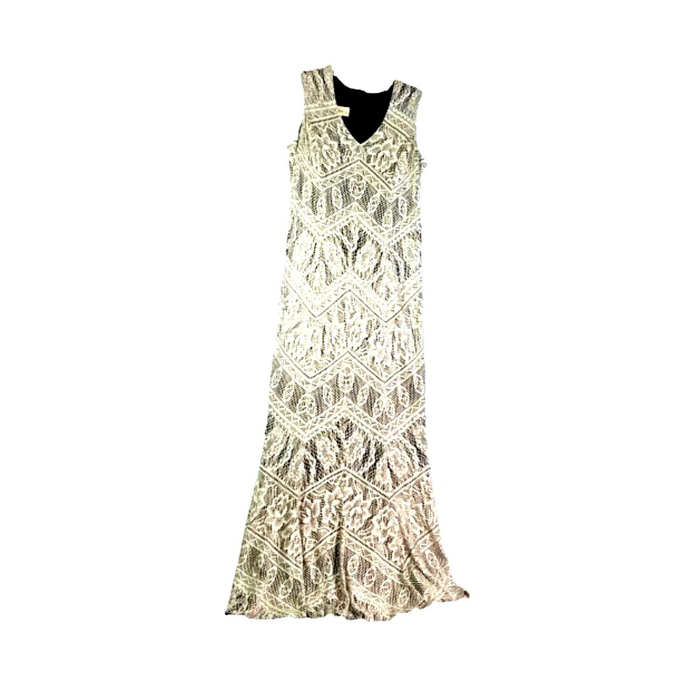 Vtg DAMIANOU Dress Gold Crochet Lace Overlay Black Sz Small Long Sparkly